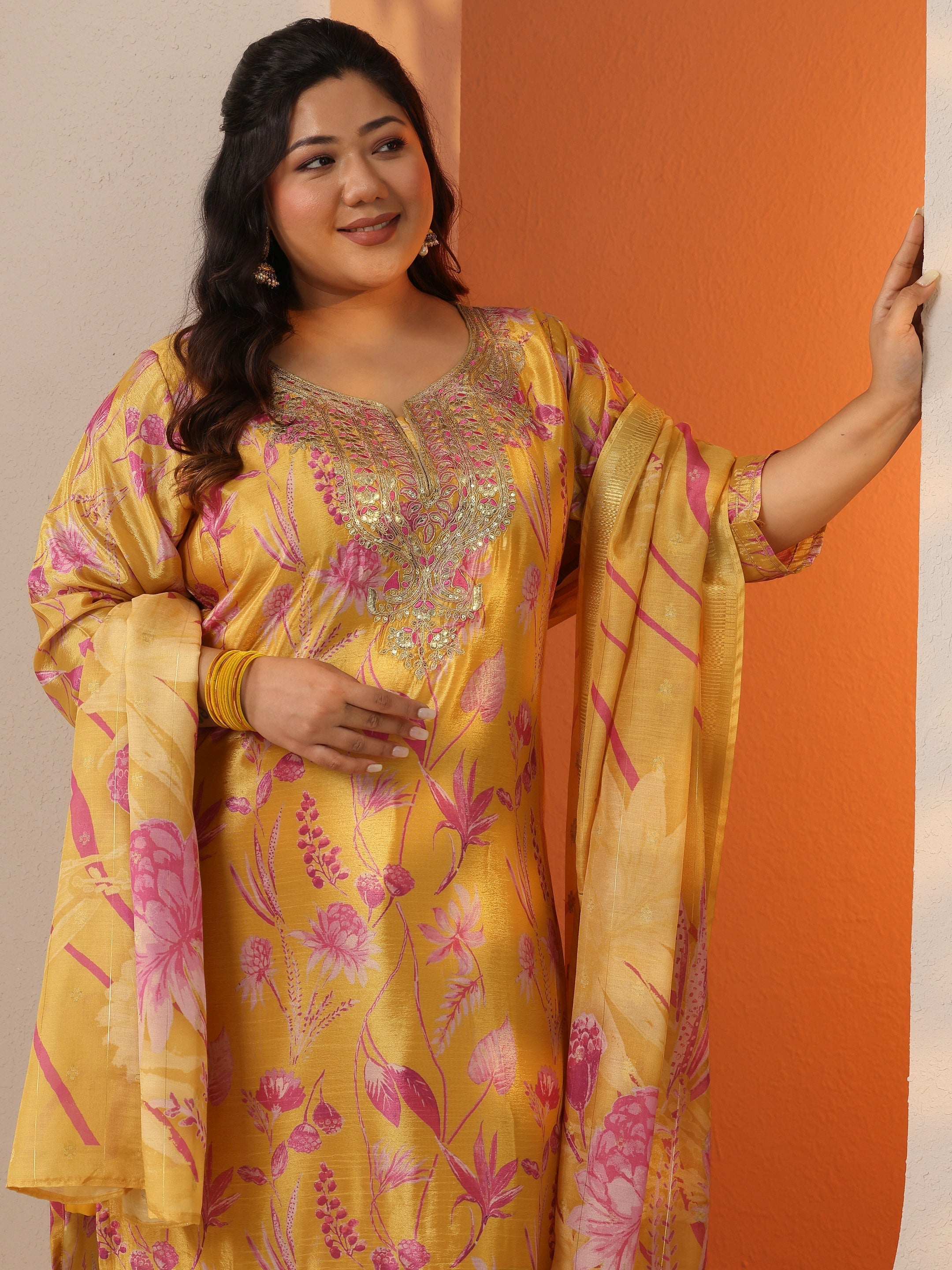 libas Plus Size Mustard Printed Chinon Straight Suit Set With Dupatta-picture-25