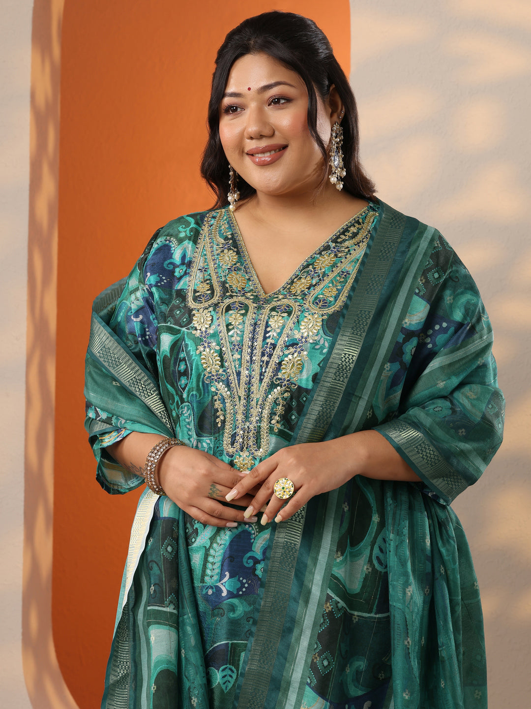  Plus Size Green Printed Chinon Straight Suit Set With Dupatta 