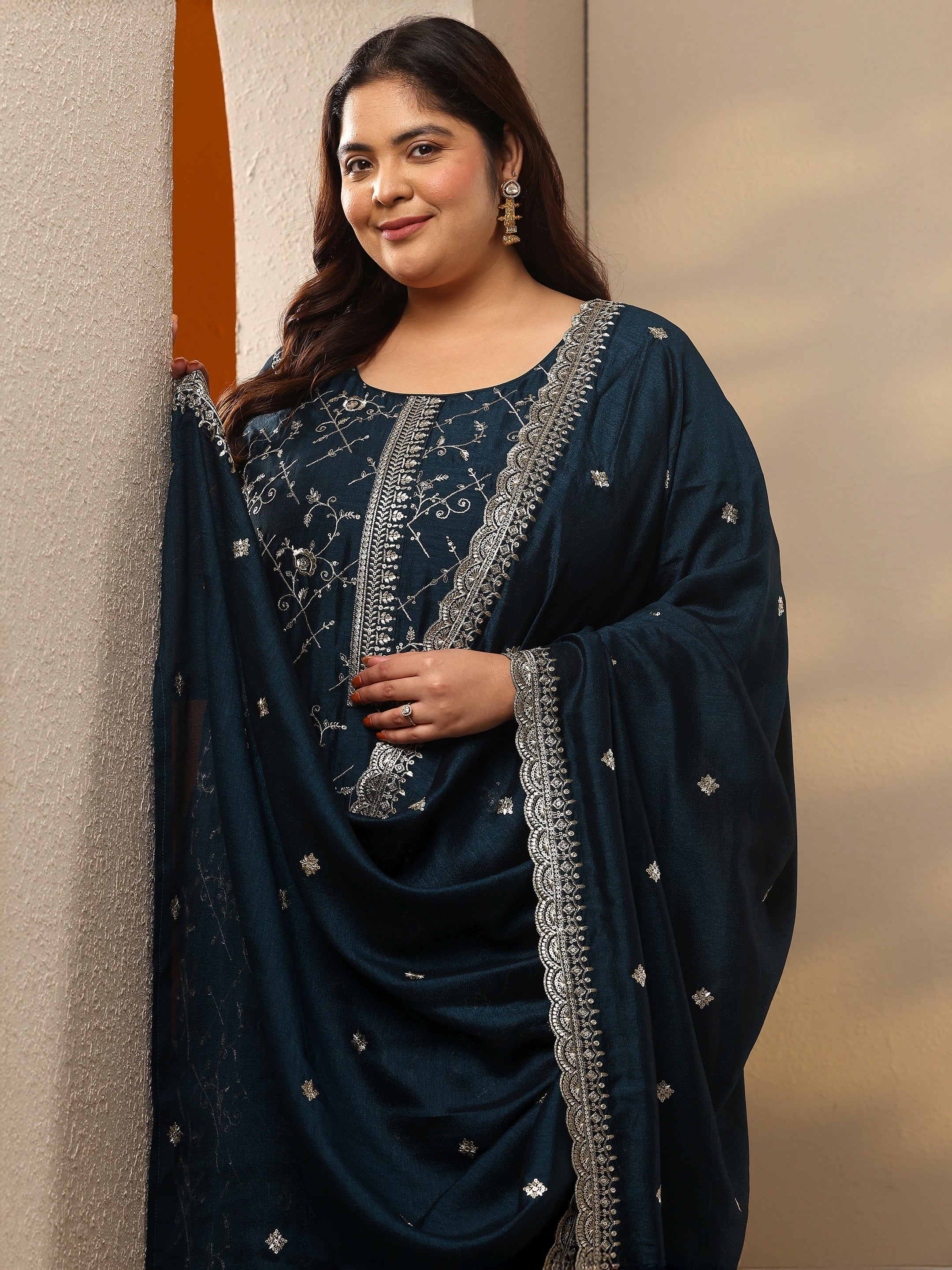 libas Plus Size Teal Embroidered Silk Blend Straight Suit Set With Dupatta-picture-39