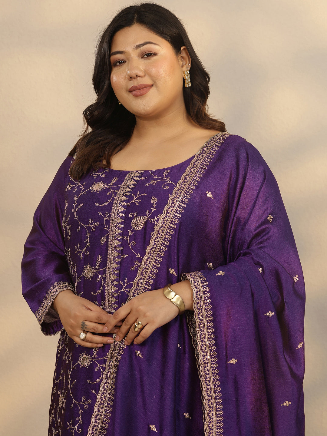  Plus Size Purple Embroidered Silk Blend Straight Suit Set With Dupatta 