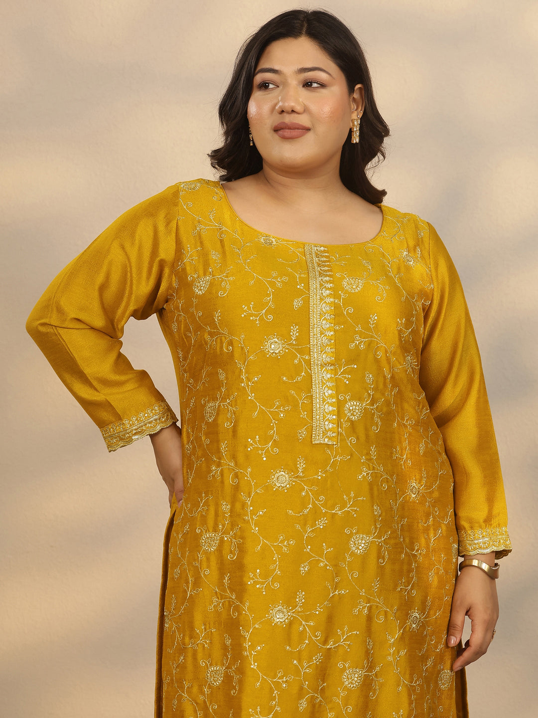  Plus Size Yellow Embroidered Silk Blend Straight Suit Set With Dupatta 