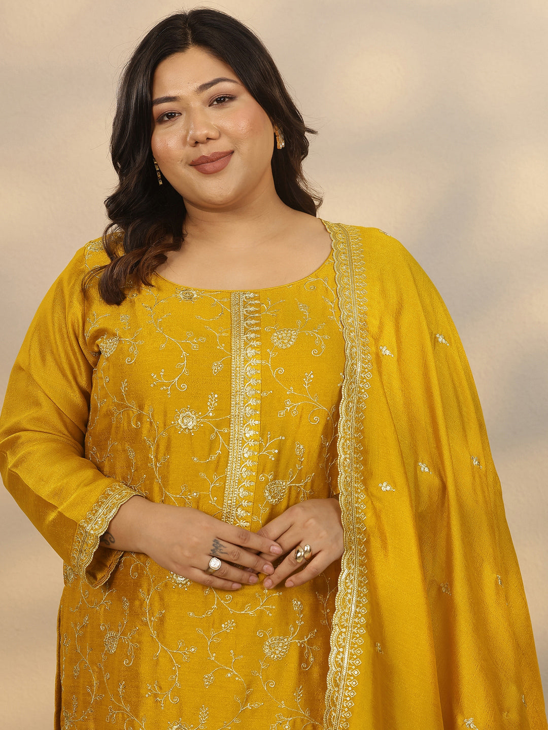  Plus Size Yellow Embroidered Silk Blend Straight Suit Set With Dupatta 