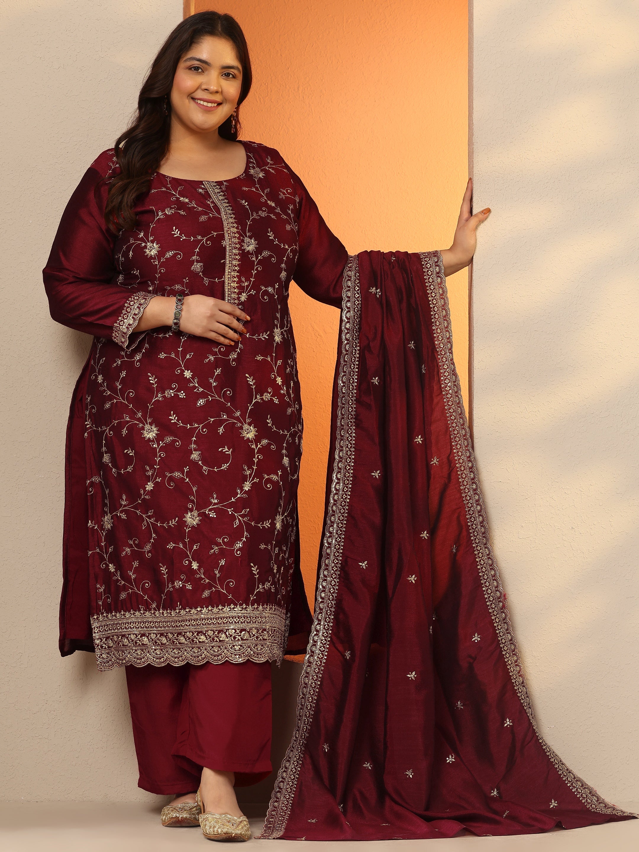 libas Plus Size Maroon Embroidered Silk Blend Straight Suit Set With Dupatta-picture-37