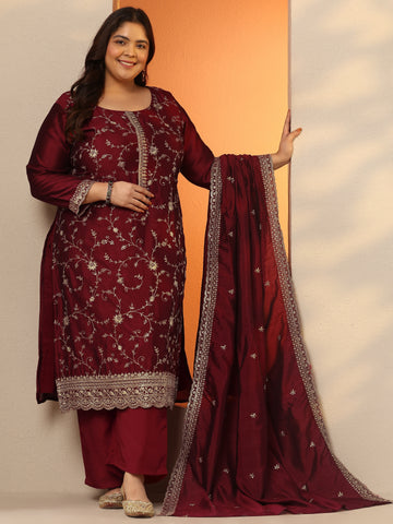 Plus Size Maroon Embroidered Silk Blend Straight Suit Set With Dupatta