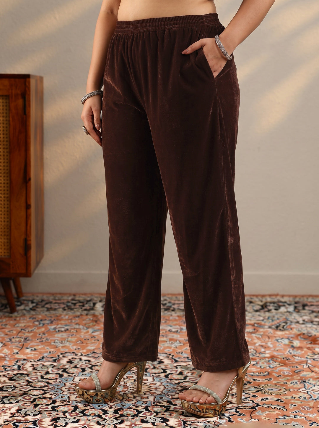  Plus Size Brown Embroidered Velvet A-Line Suit Set With Dupatta 
