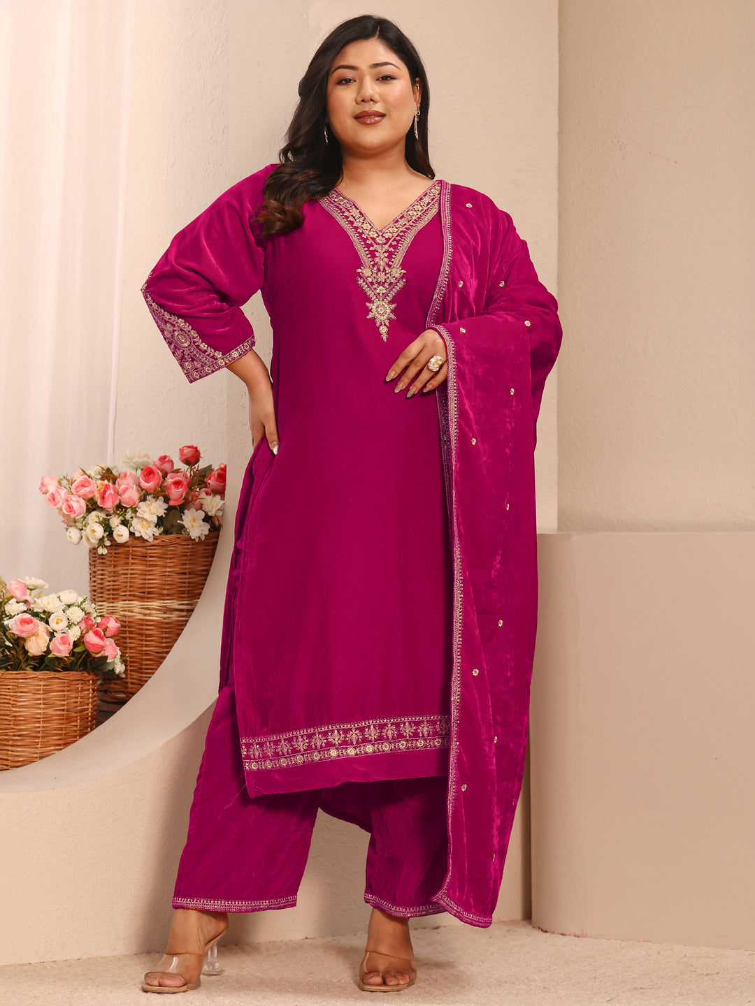  Plus Size Floral Embroidered Velvet Straight Suit Set With Dupatta 