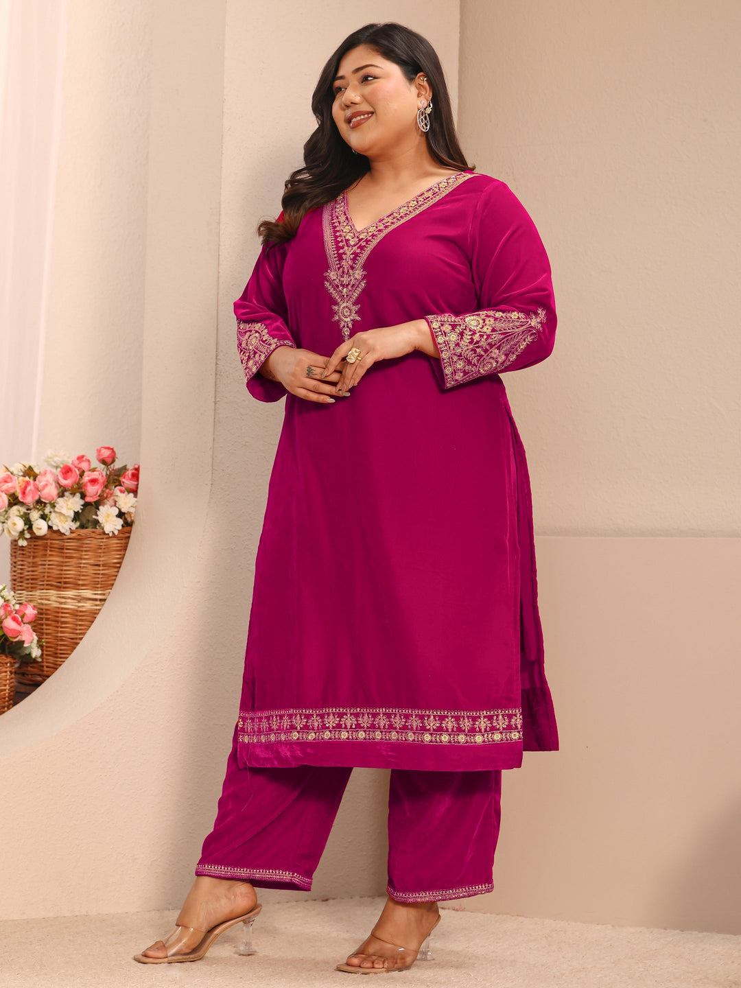  Plus Size Floral Embroidered Velvet Straight Suit Set With Dupatta 