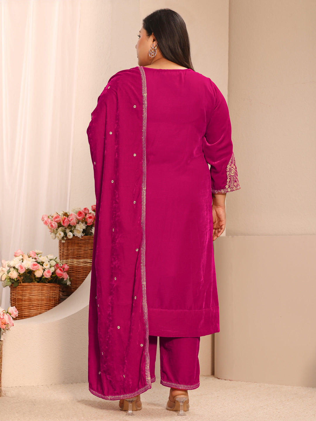  Plus Size Floral Embroidered Velvet Straight Suit Set With Dupatta 