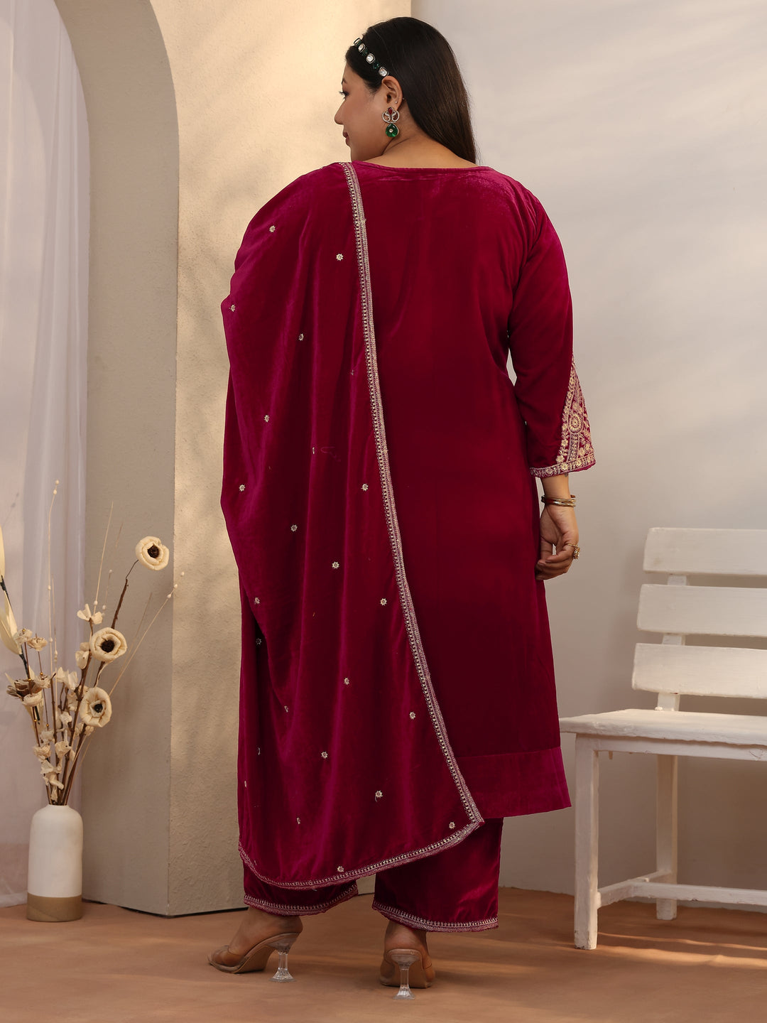  Plus Size Maroon Embroidered Velvet Straight Suit Set With Dupatta 