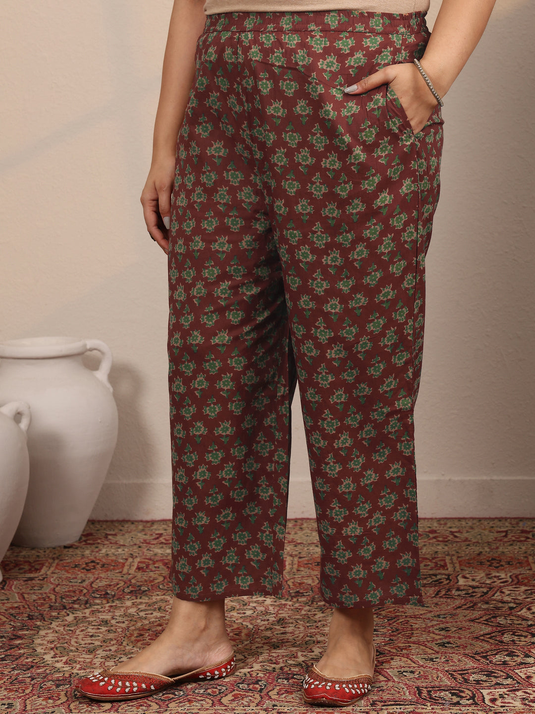  Plus Size Maroon Printed Cotton Straight Suit Set With Dupatta 