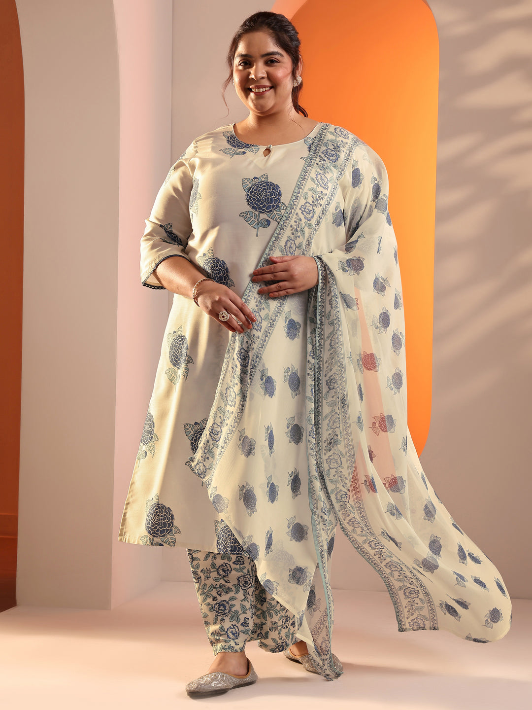  Plus Size Off White Printed Silk Blend Straight Suit Set With Dupatta 