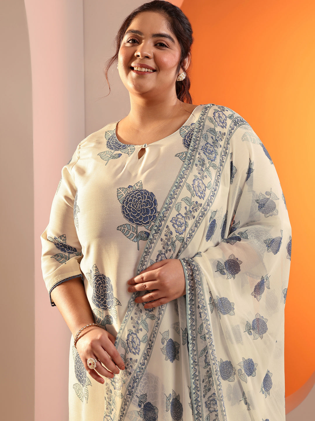  Plus Size Off White Printed Silk Blend Straight Suit Set With Dupatta 