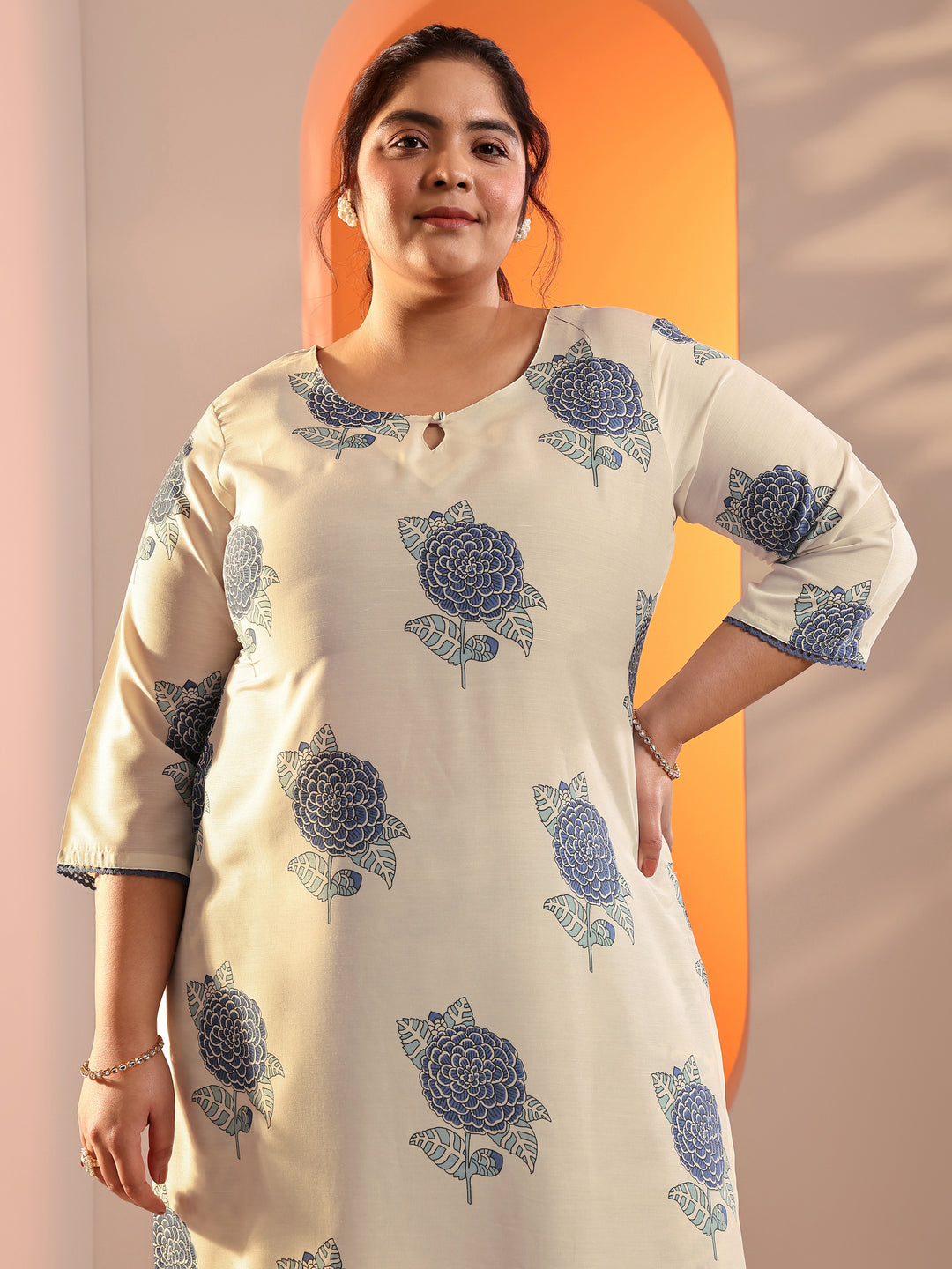  Plus Size Off White Printed Silk Blend Straight Suit Set With Dupatta 