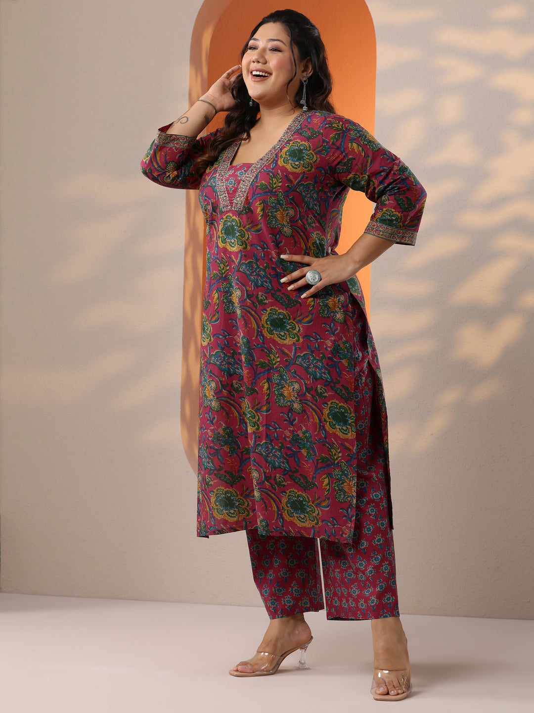  Plus Size Pink Printed Cotton Straight Suit Set With Dupatta 