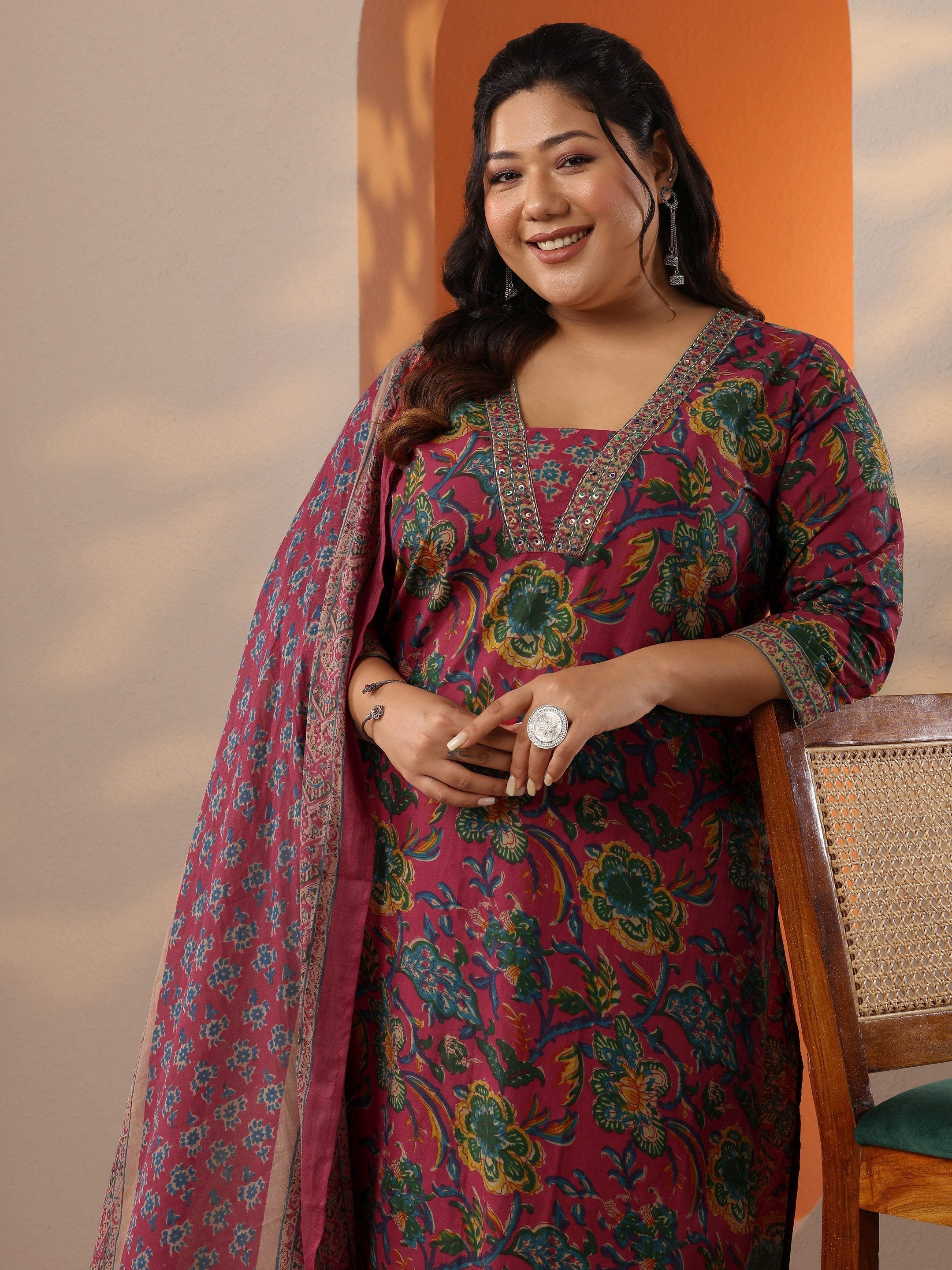 libas Plus Size Pink Printed Cotton Straight Suit Set With Dupatta-picture-37