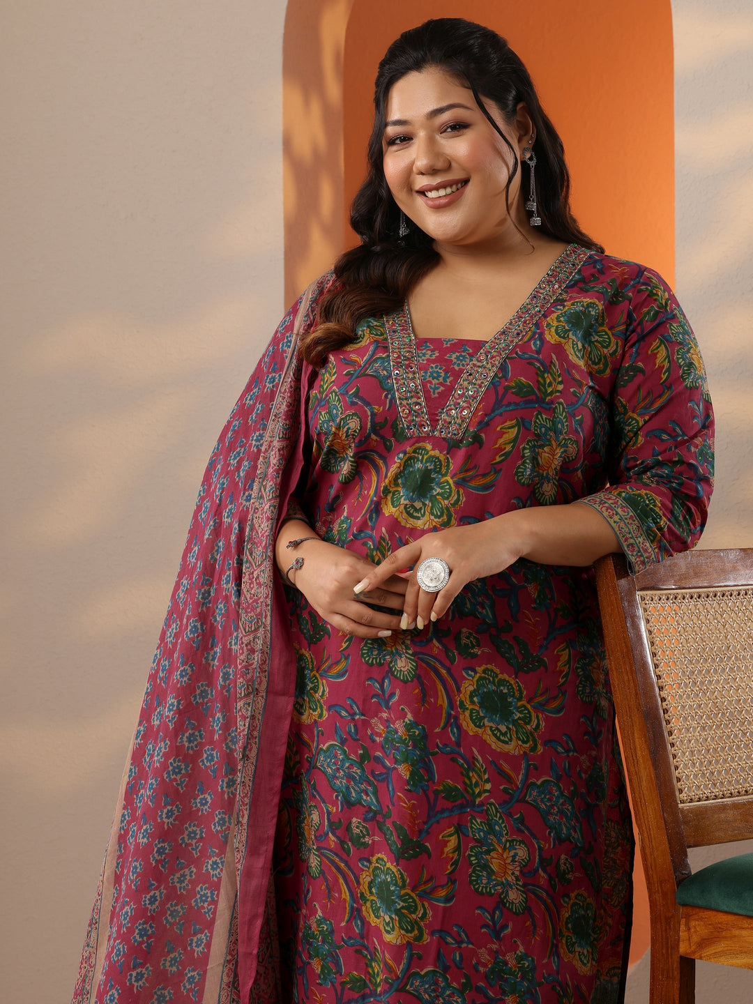 Plus Size Pink Printed Cotton Straight Suit Set With Dupatta
