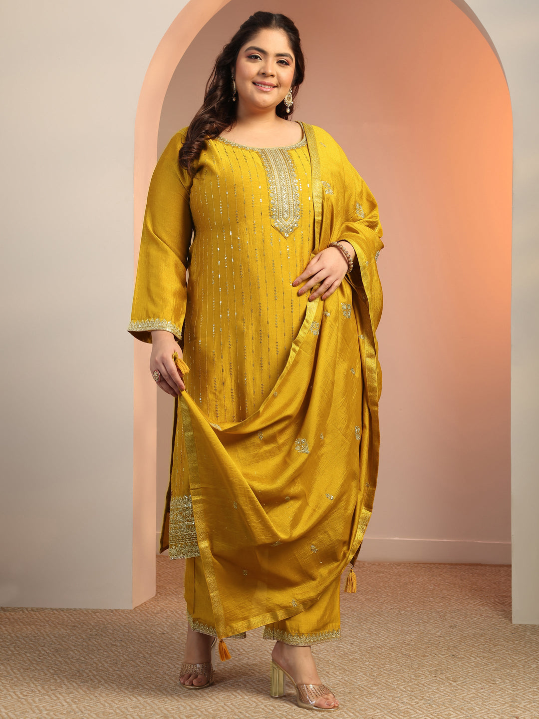  Plus Size Mustard Embellished Silk blend Straight Suit Set With Dupatta 