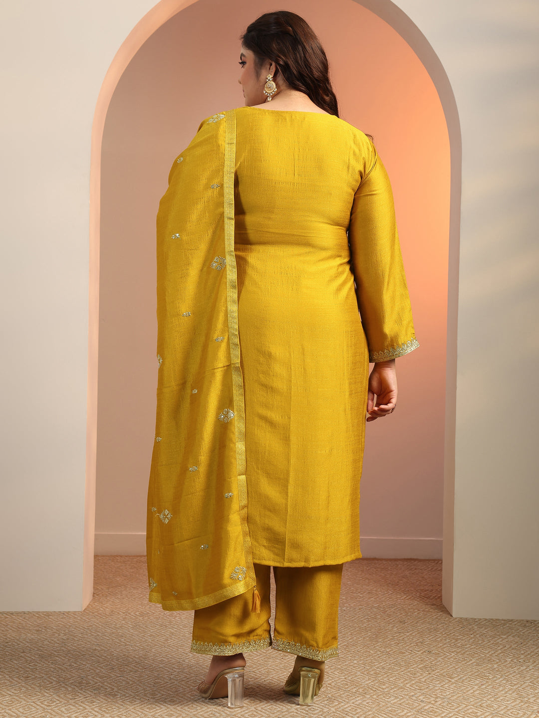  Plus Size Mustard Embellished Silk blend Straight Suit Set With Dupatta 