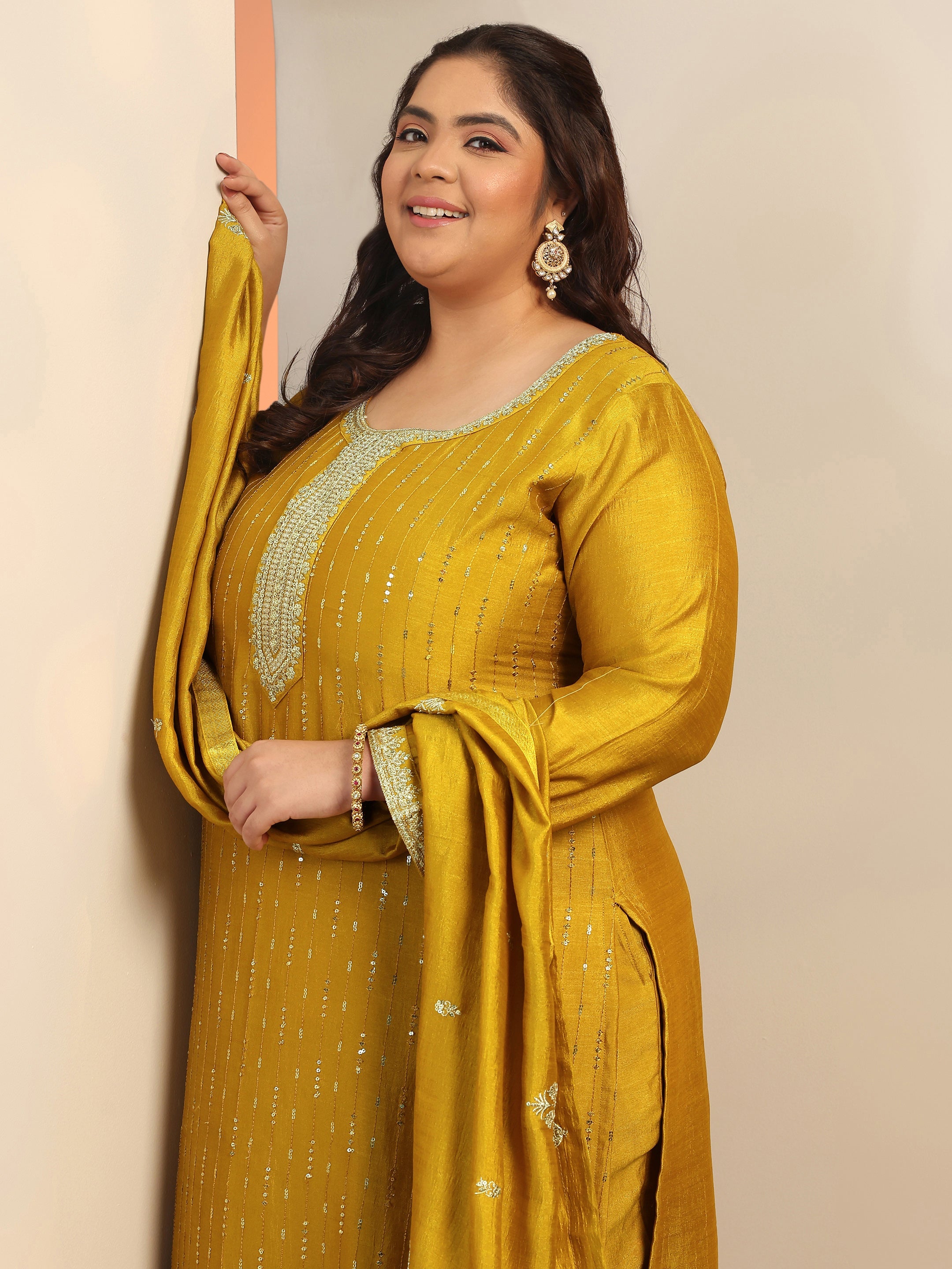 Plus Size Mustard Embellished Silk blend Straight Suit Set With Dupatta-image-10