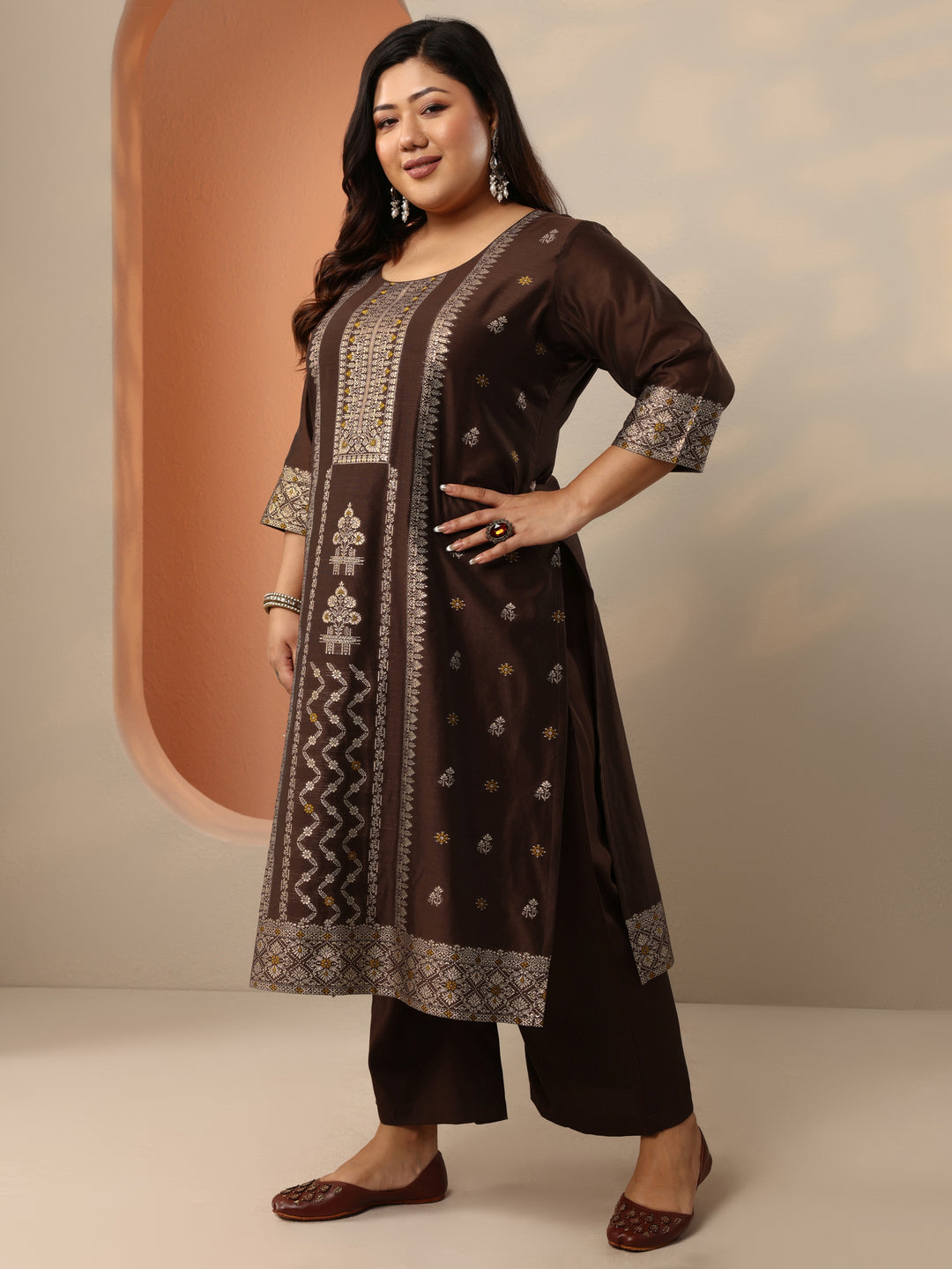  Plus Size Brown Woven Design Silk Blend Straight Suit Set With Dupatta 