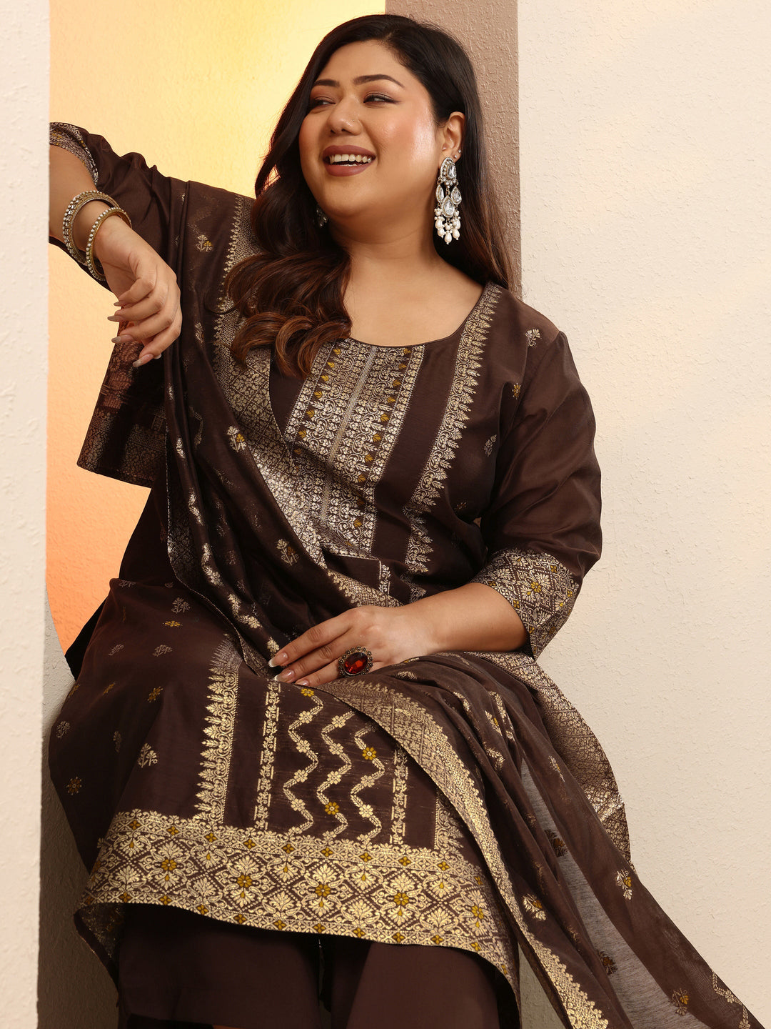 Plus Size Brown Woven Design Silk Blend Straight Suit Set With Dupatta