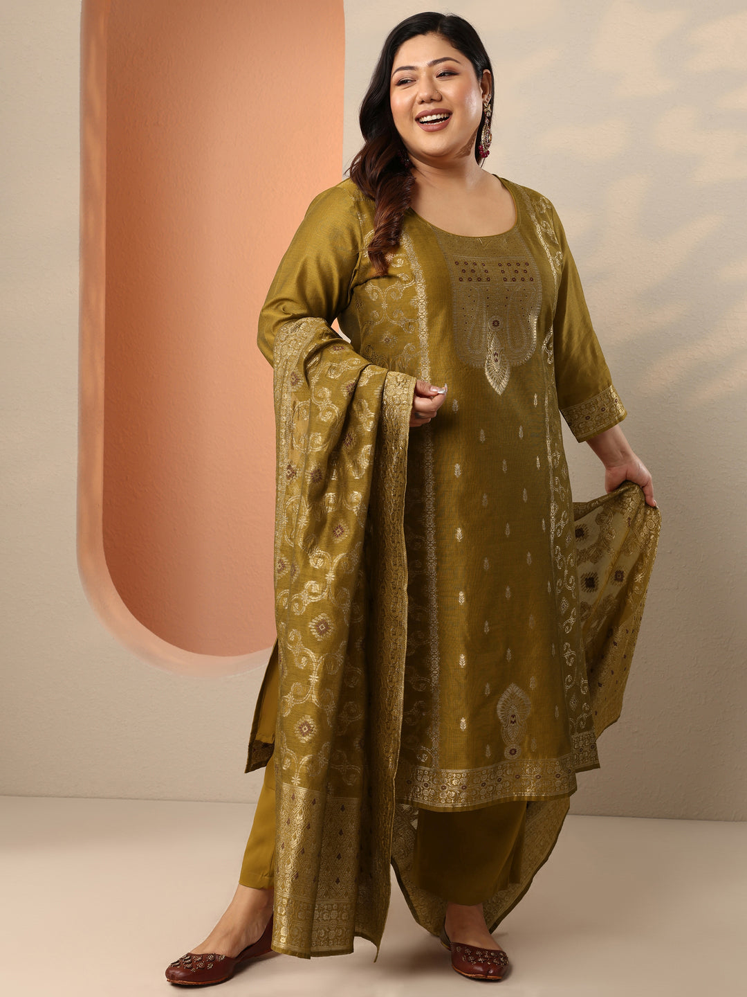  Plus Size Mustard Woven Design Silk Blend Straight Suit Set With Dupatta 