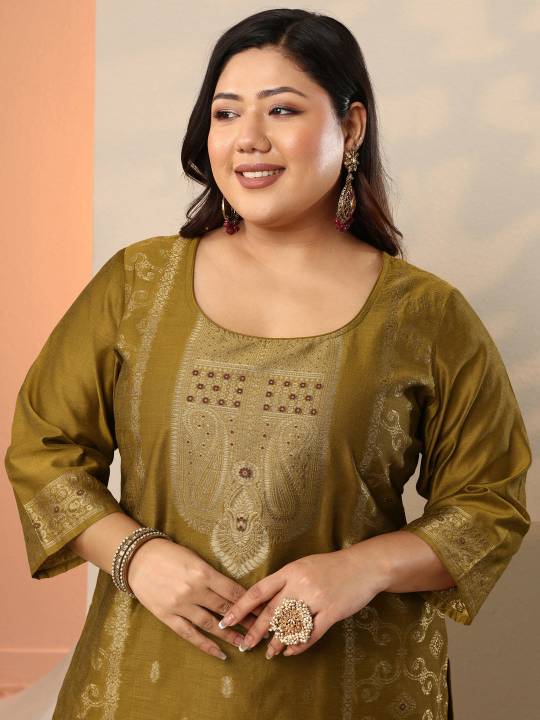  Plus Size Mustard Woven Design Silk Blend Straight Suit Set With Dupatta 