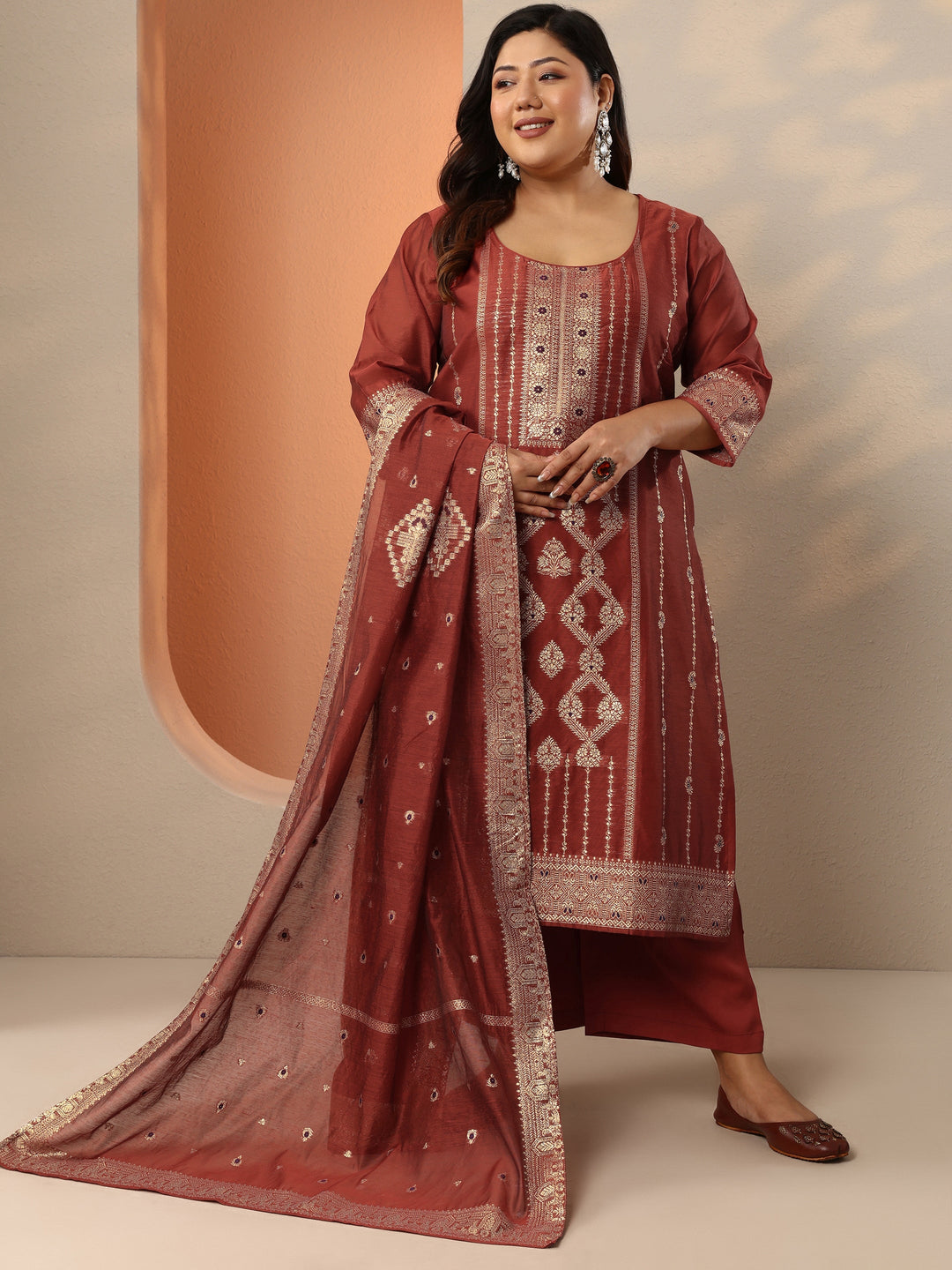  Plus Size Rust Woven Design Silk Blend Straight Suit Set With Dupatta 
