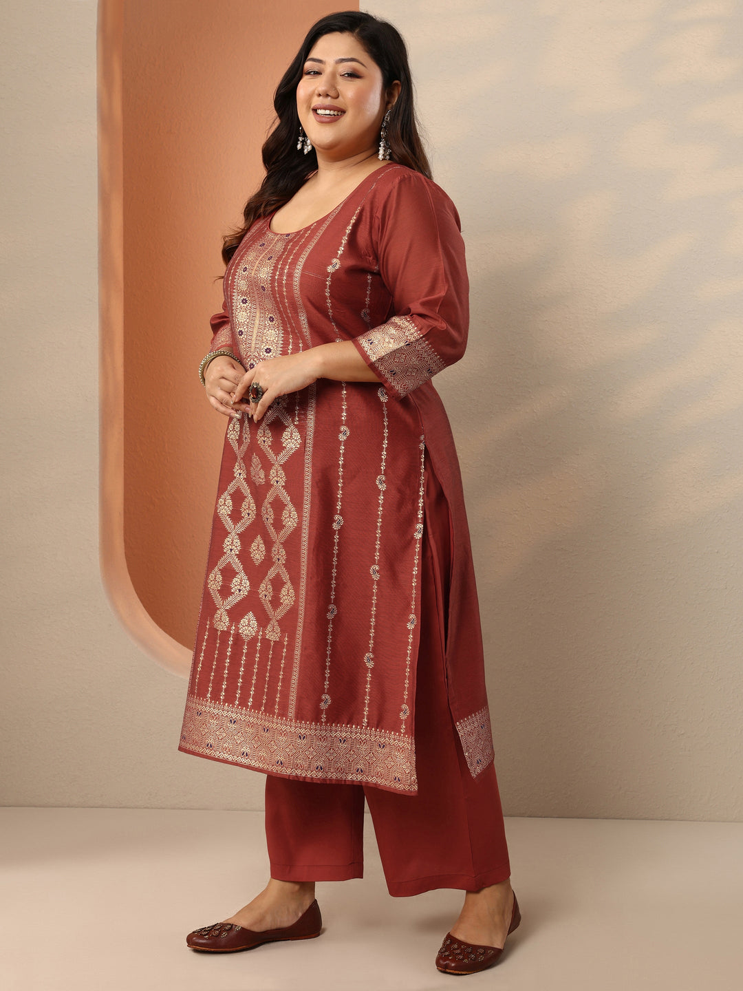  Plus Size Rust Woven Design Silk Blend Straight Suit Set With Dupatta 