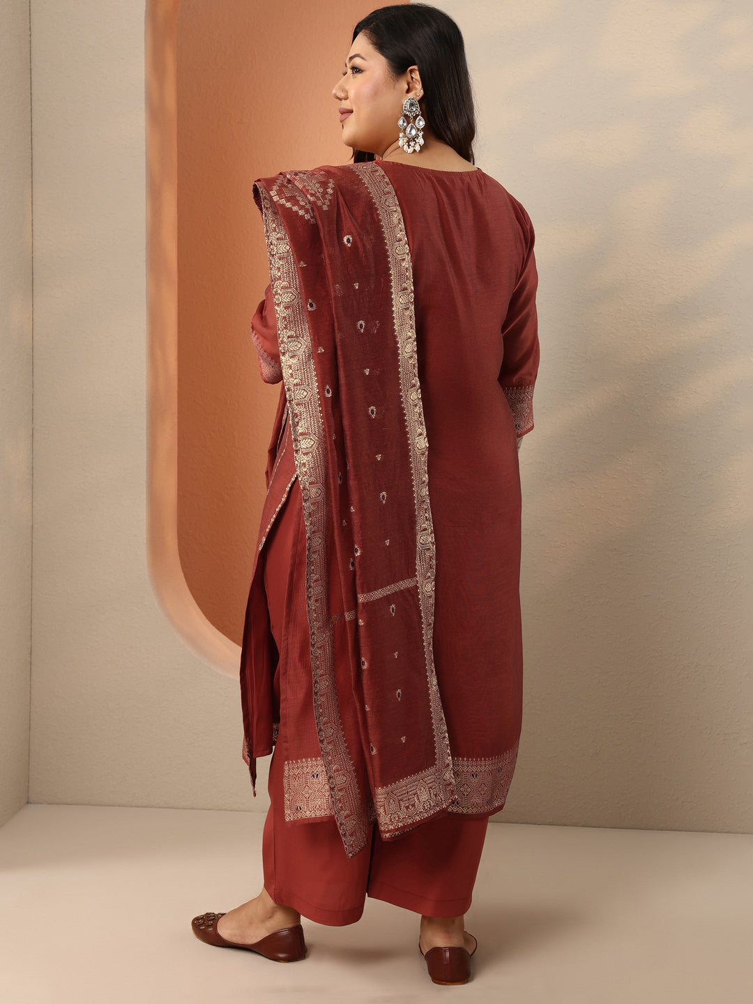  Plus Size Rust Woven Design Silk Blend Straight Suit Set With Dupatta 