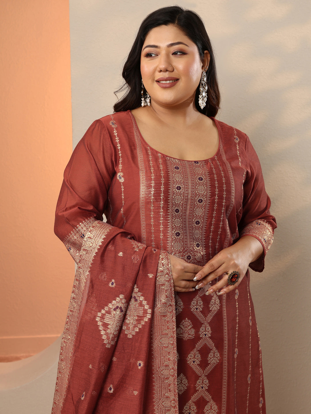  Plus Size Rust Woven Design Silk Blend Straight Suit Set With Dupatta 