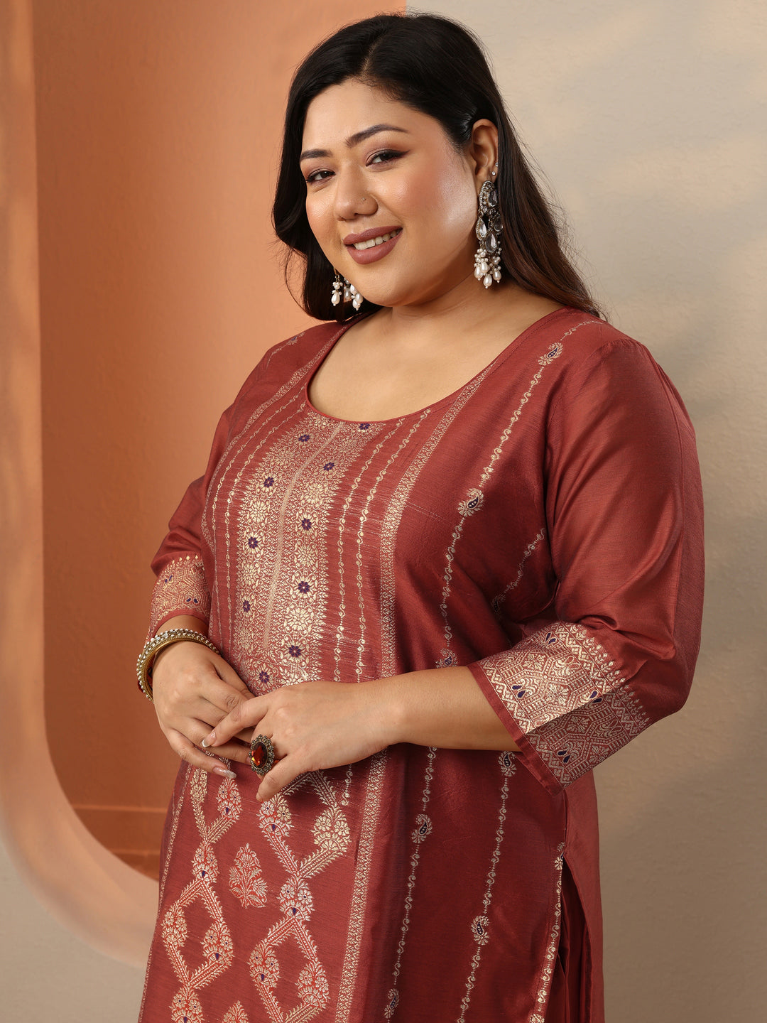  Plus Size Rust Woven Design Silk Blend Straight Suit Set With Dupatta 