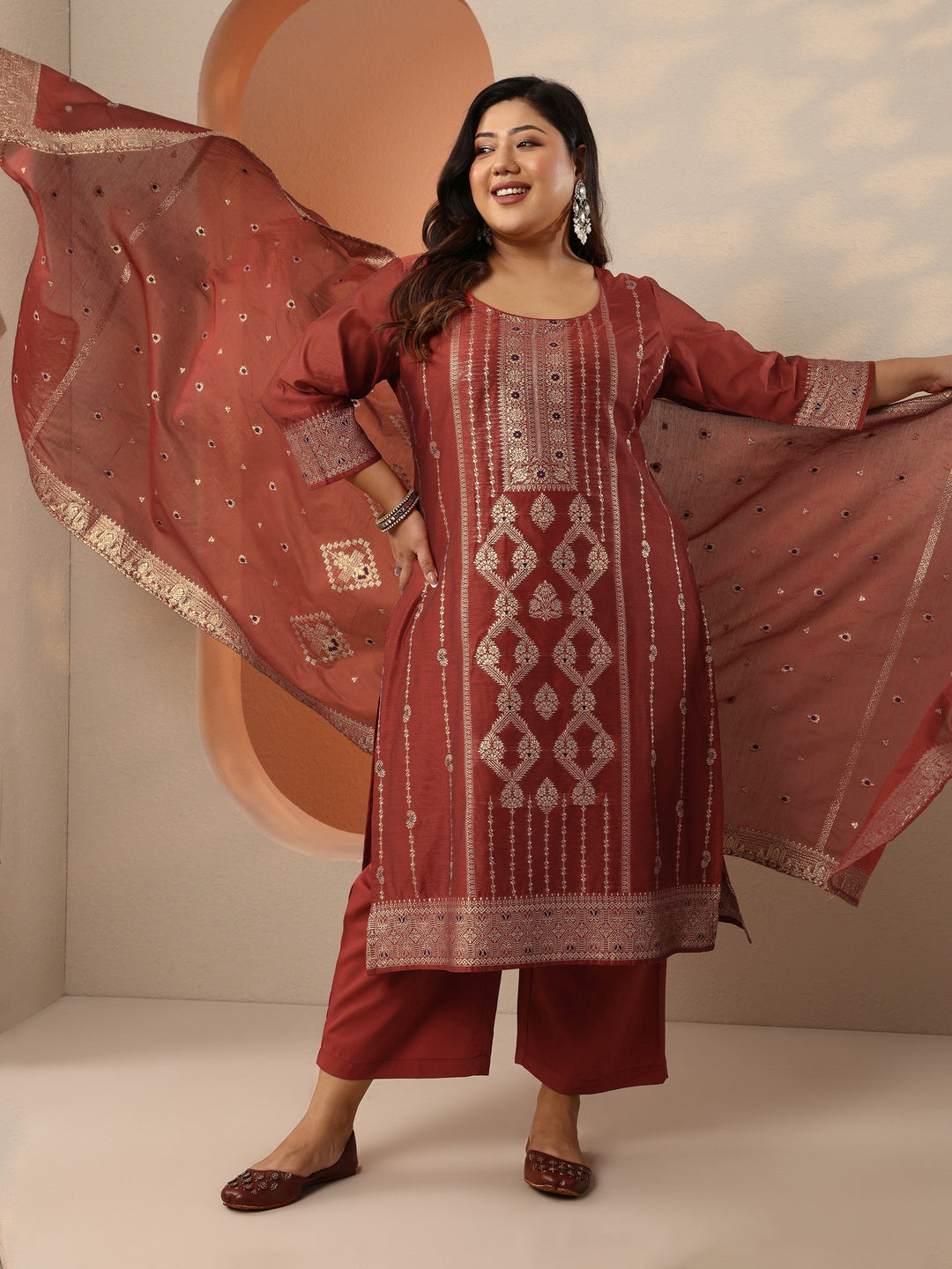Plus Size Rust Woven Design Silk Blend Straight Suit Set With Dupatta