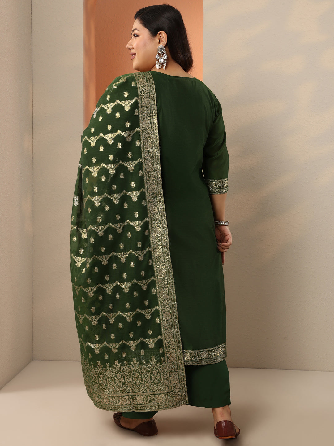  Plus Size Green Woven Design Silk Blend Straight Suit Set With Dupatta 