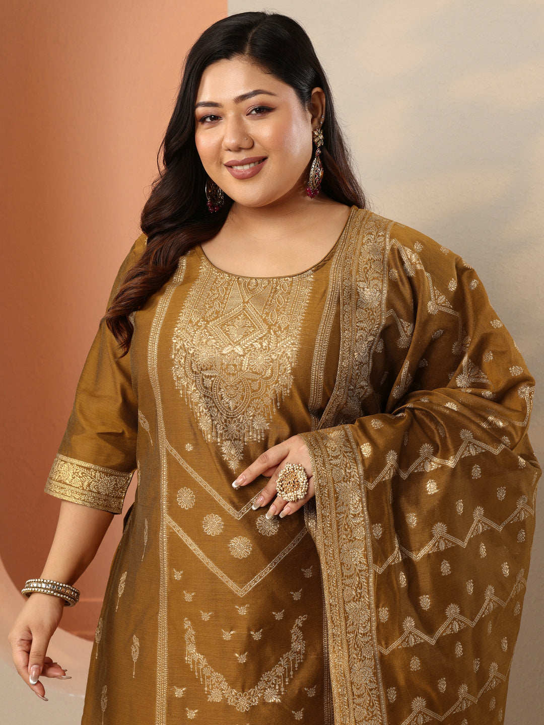  Plus Size Bronze Woven Design Silk Blend Straight Suit Set With Dupatta 