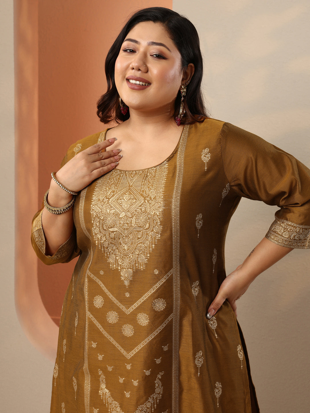  Plus Size Bronze Woven Design Silk Blend Straight Suit Set With Dupatta 