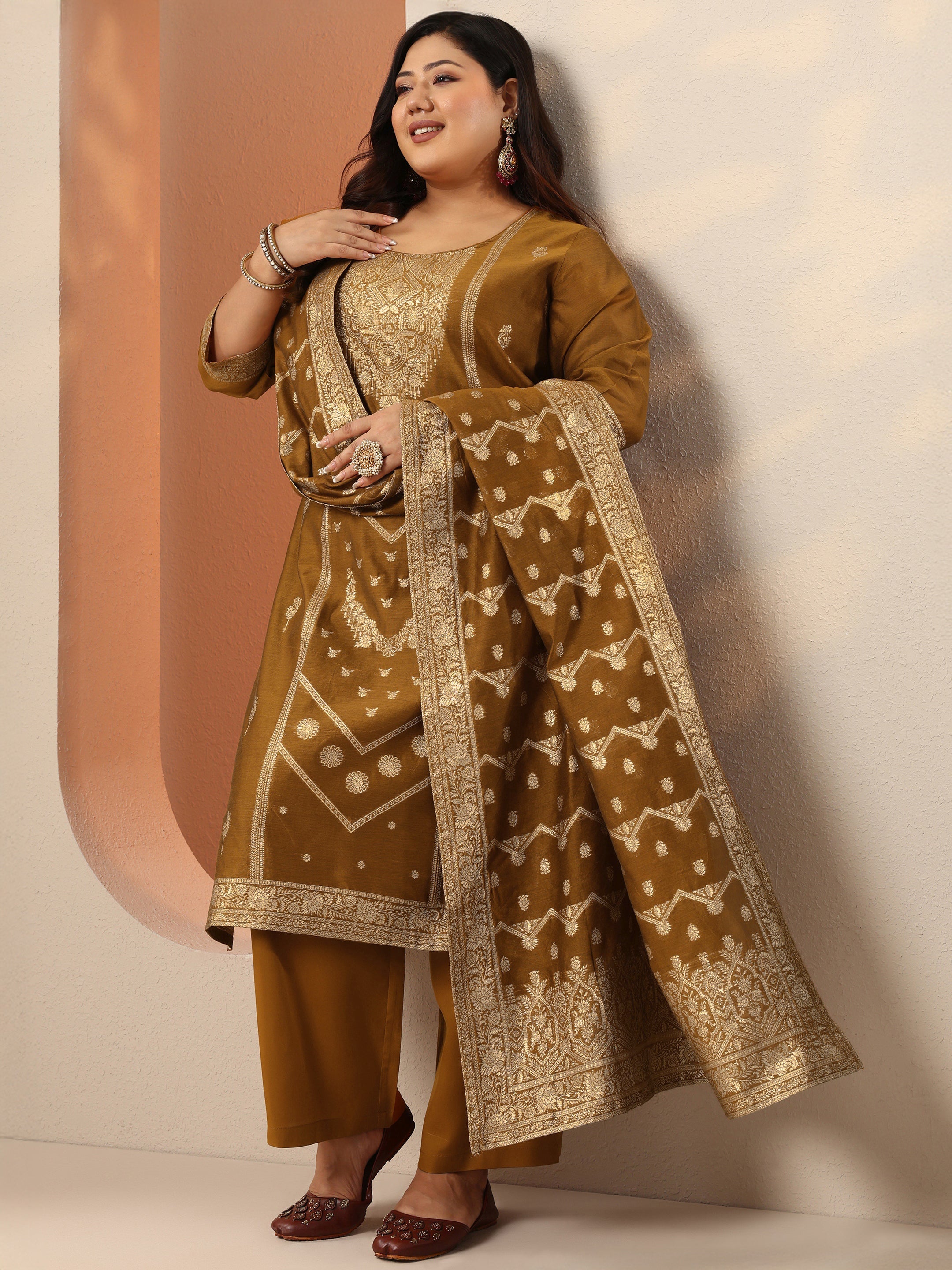 libas Plus Size Bronze Woven Design Silk Blend Straight Suit Set With Dupatta-picture-29