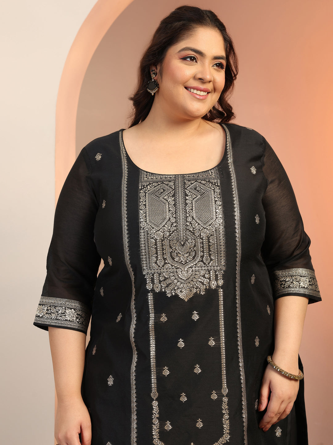  Plus Size Black Woven Design Silk blend Straight Suit Set With Dupatta 