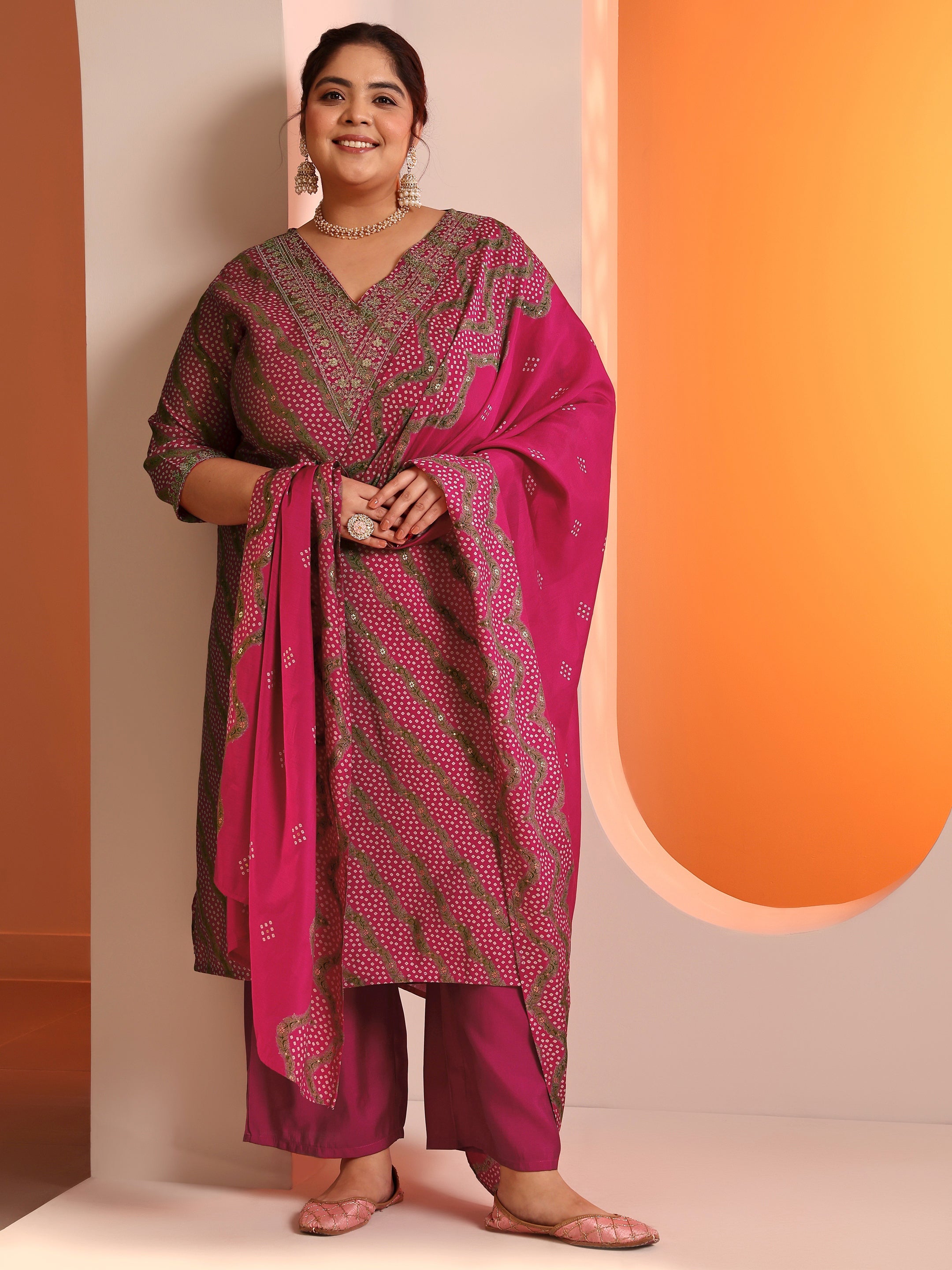libas Plus Size Pink Printed Silk Blend Straight Suit Set With Dupatta-picture-49