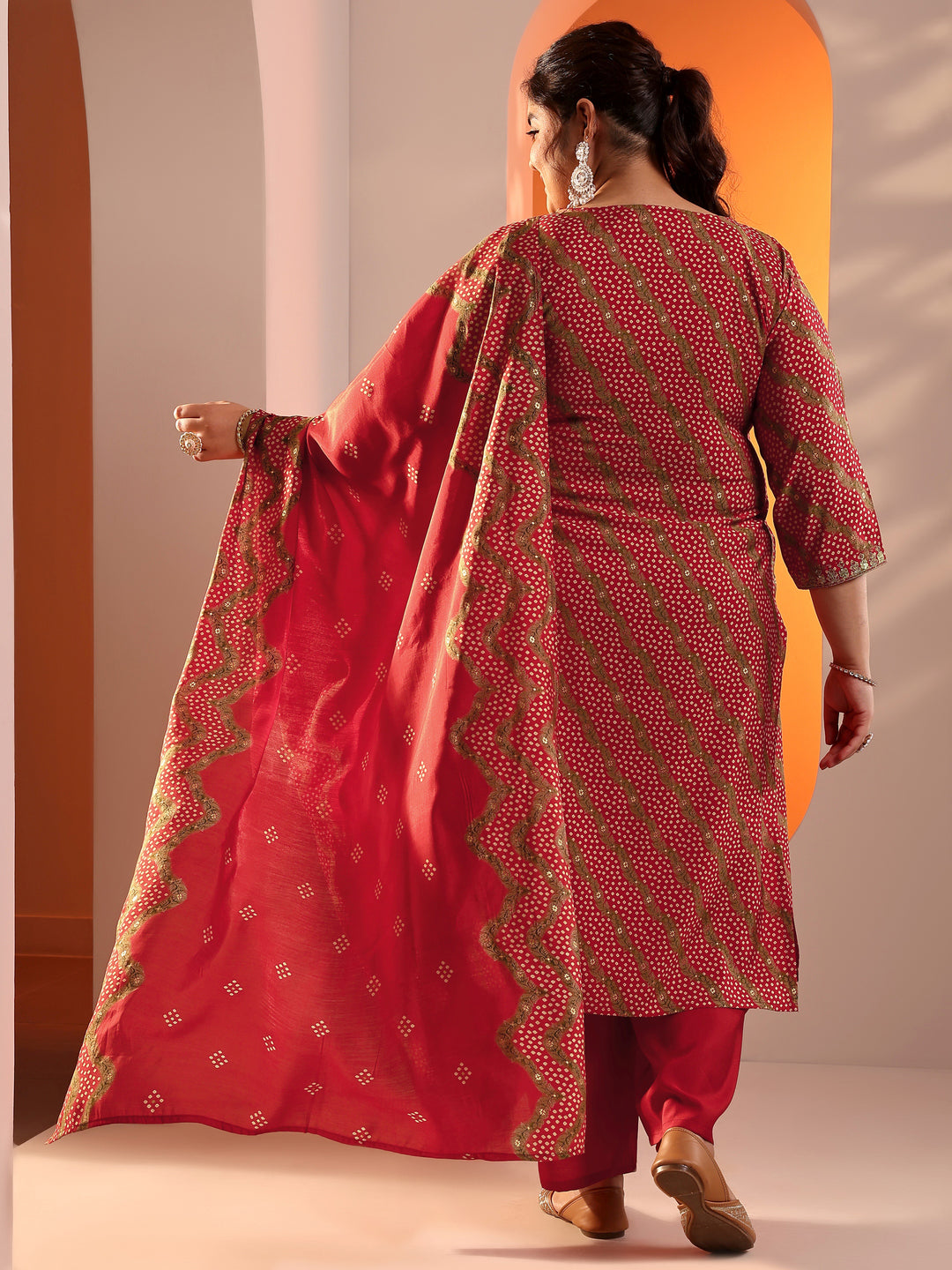  Plus Size Red Printed Silk Blend Straight Suit Set With Dupatta 
