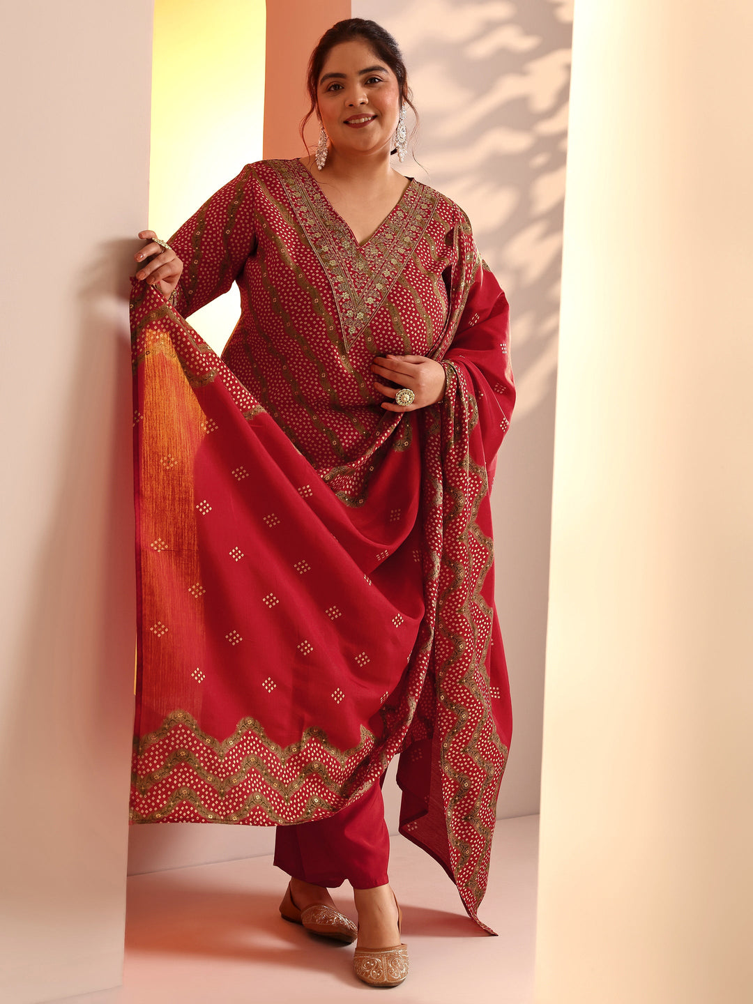  Plus Size Red Printed Silk Blend Straight Suit Set With Dupatta 
