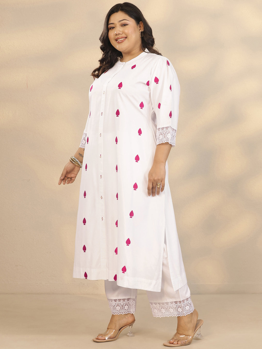  Plus Size White Embroidered Rayon Straight Kurta Set 