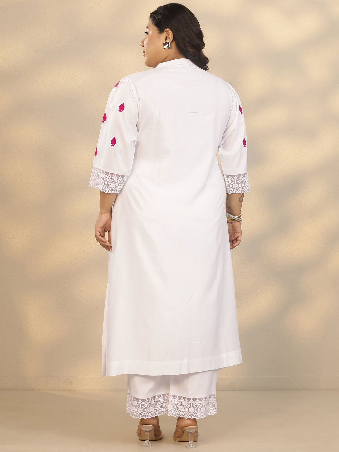 Plus Size White Embroidered Rayon Straight Kurta Set 