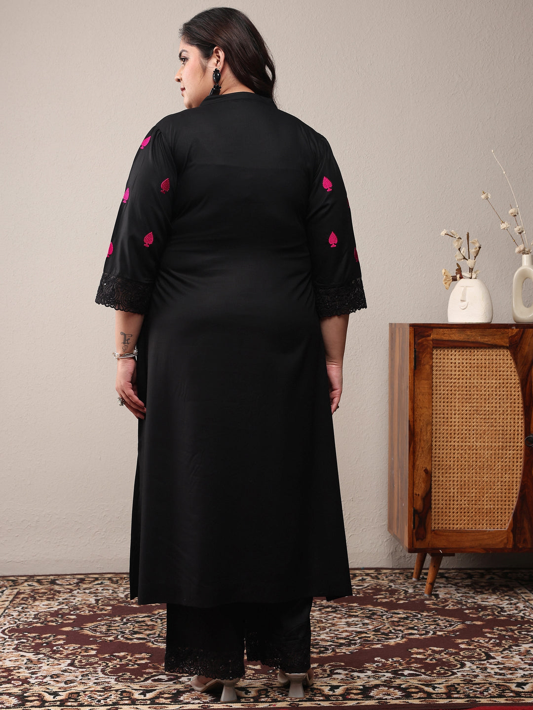  Plus Size Black Embroidered Viscose Rayon Straight Kurta Set 