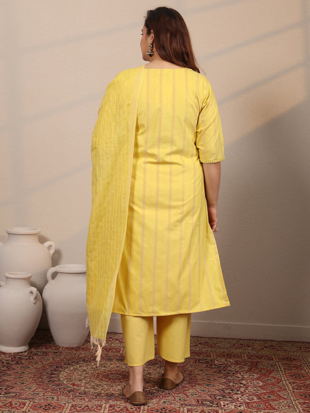  Plus Size Yellow Embroidered Cotton Blend Straight Suit Set With Dupatta 