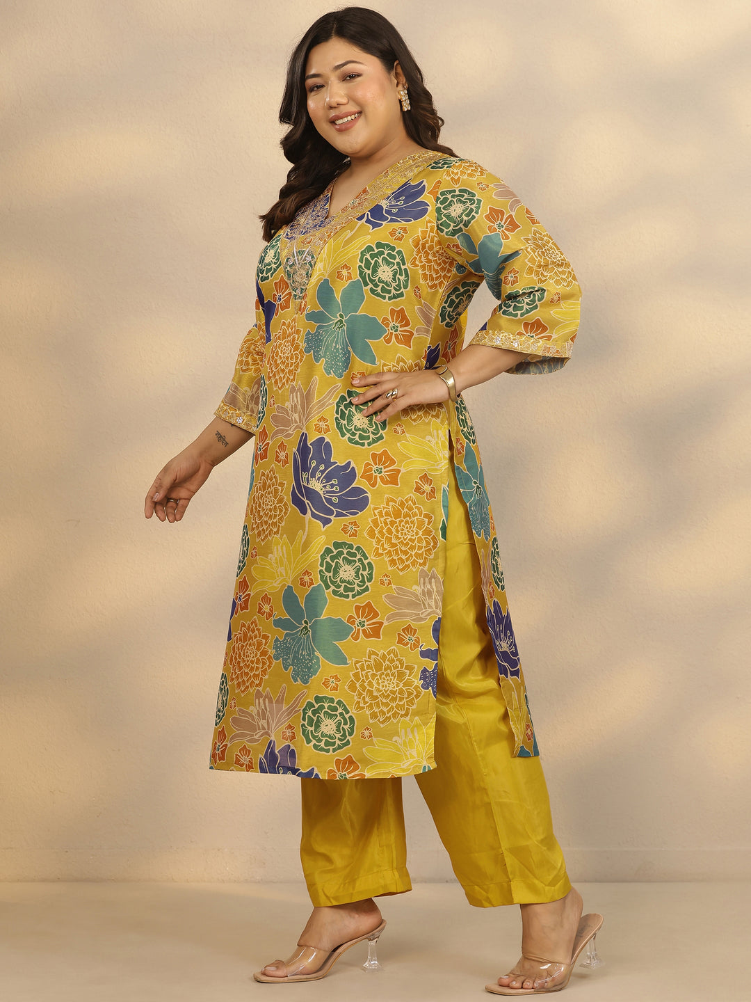 Plus Size Mustard Printed Silk Blend Straight Suit Set With Dupatta 