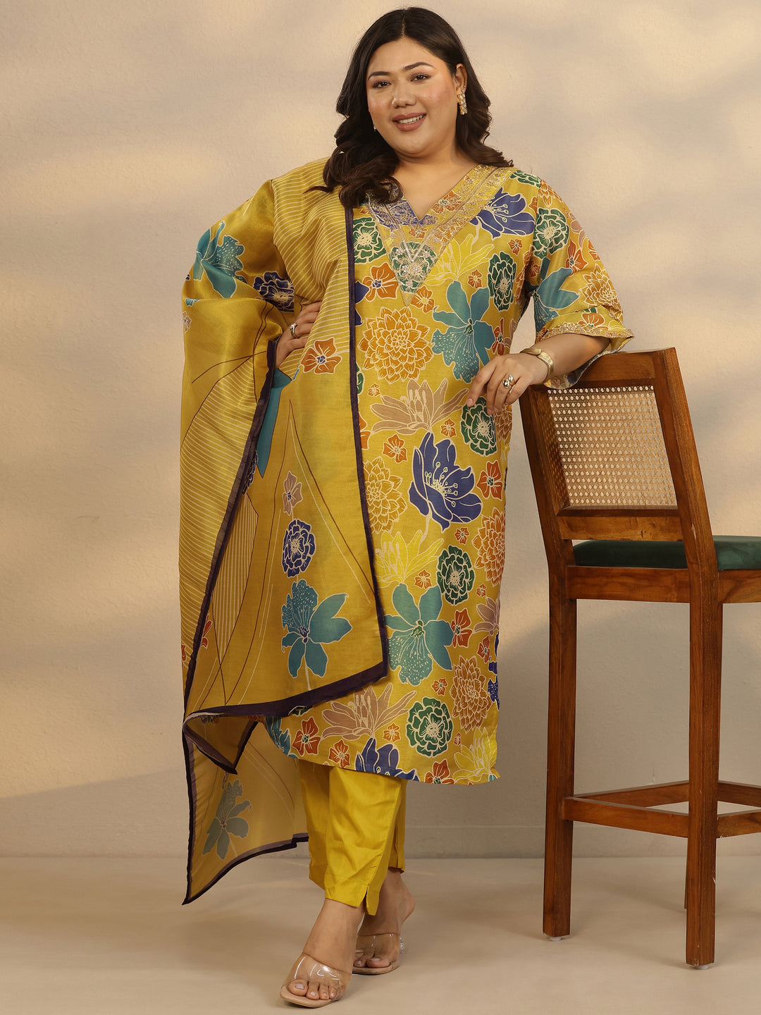  Plus Size Mustard Printed Silk Blend Straight Suit Set With Dupatta 