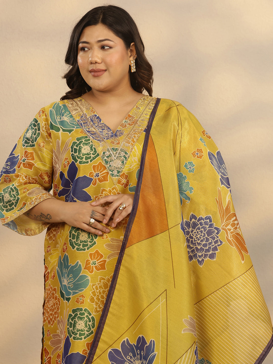  Plus Size Mustard Printed Silk Blend Straight Suit Set With Dupatta 