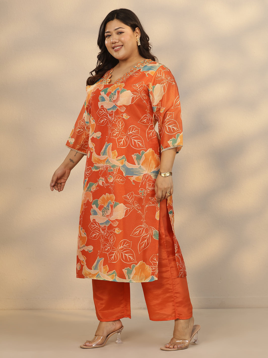  Plus Size Orange Printed Silk Blend Straight Suit Set With Dupatta 
