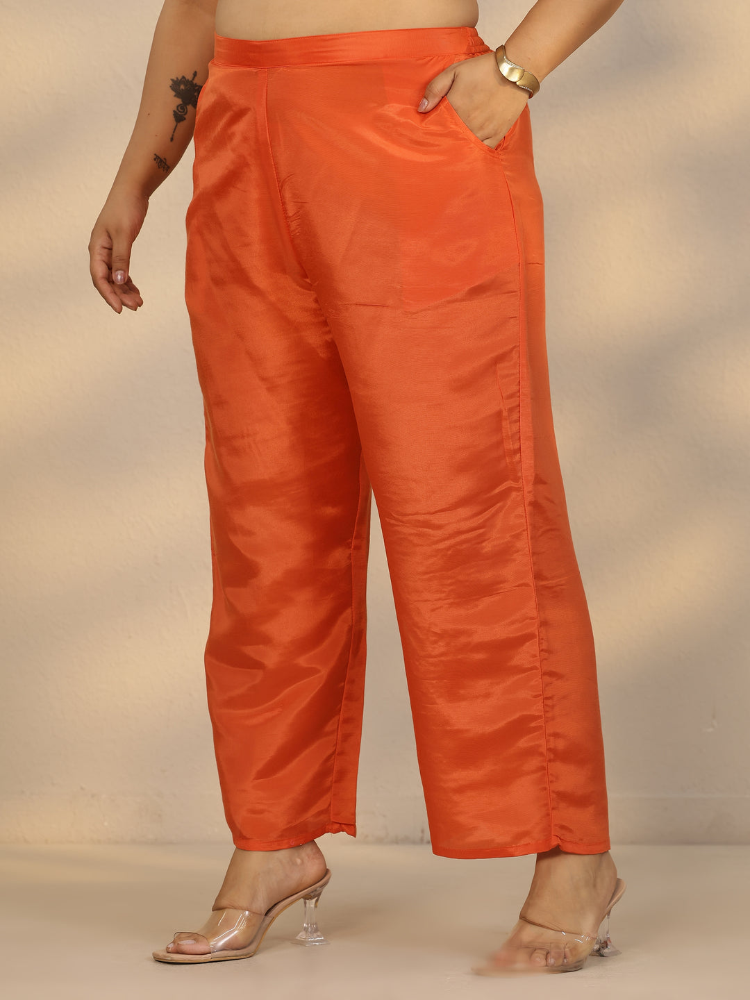  Plus Size Orange Printed Silk Blend Straight Suit Set With Dupatta 
